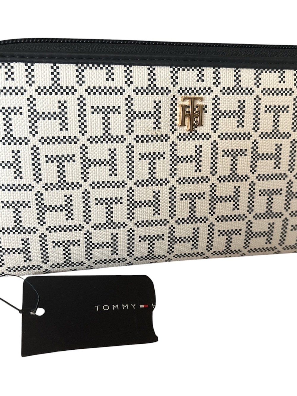 Tommy Hilfiger white & dark blue Monogram Zip Wristlet with Gold Logo